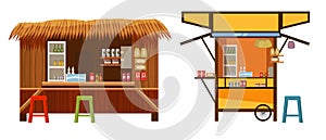 Set Warung street food cafe restaurant small family owned busines, store shop. Vector isolated cartoon style photo