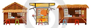 Set Warung street food cafe restaurant small family owned busines, store shop. Vector isolated cartoon style photo