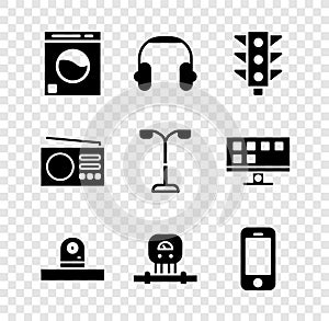 Set Washer, Headphones, Traffic light, Security camera, Smart sensor, Smartphone, Radio and Street icon. Vector