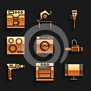 Set Washer, Oven, Smart Tv, Chainsaw, Electric drill machine and Gas stove icon. Vector