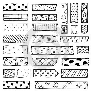 Set of washi tape strips with various cute designs isolated on white background