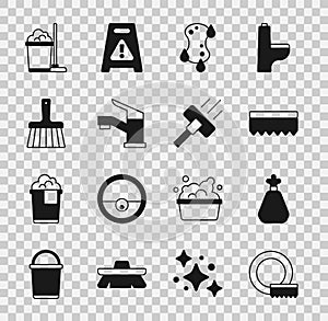 Set Washing dishes, Garbage bag, Sponge, Water tap, Handle broom, Mop bucket and Vacuum cleaner icon. Vector