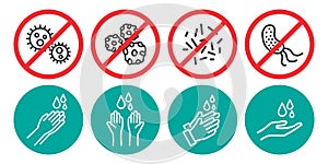 Set of washing hands and no virus icons in four different versions in a flat design. Vector illustration