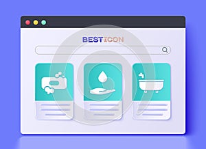 Set Washing hands with soap, Bar of soap and Bathtub icon. Vector