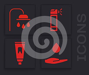 Set Washing hands with soap, Shower head, Bottle with nozzle spray and Tube of toothpaste icon. Vector