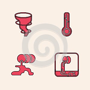 Set Wastewater, Tornado, Meteorology thermometer and Barrel oil leak icon. Vector