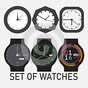 Set of watches. Vector set of wall clock and wrist watches. Collections of watch faces.