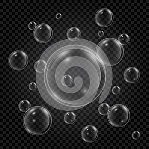Set of water bubbles with reflection on transparent background. Realistic underwater bubbles. 3d bubble. Fizzing air