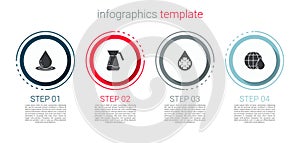 Set Water drop, Jug glass with water, Defrosting and Earth planet. Business infographic template. Vector