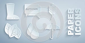 Set Water drop, Leaf or leaves, Umbrella, Speech bubble with text autumn and Waterproof rubber boot icon. Vector