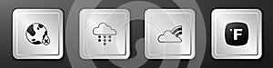 Set Water drop percentage, Cloud with rain, Rainbow clouds and Fahrenheit icon. Silver square button. Vector