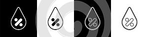 Set Water drop percentage icon isolated on black and white background. Humidity analysis. Vector