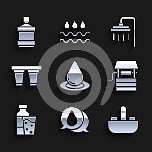 Set Water drop, Washbasin with water tap, Well bucket, Bottle of glass, filter, Shower and Big bottle clean icon. Vector