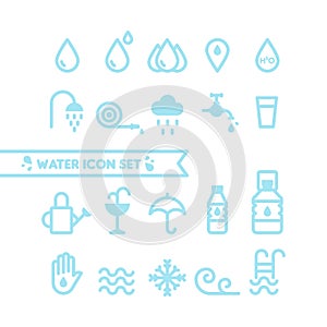 Set: Water and drops icons. Round line style. Minimal outline symbols. Vector illustration, flat design