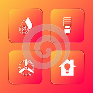Set Water energy, LED light bulb, Wind turbine and Smart house and icon. Vector
