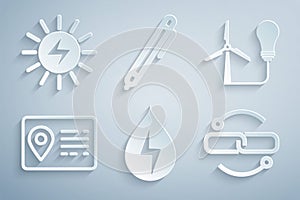 Set Water energy, Light bulb with wind turbine, Address book, Chain link line, Pen and Solar panel icon. Vector