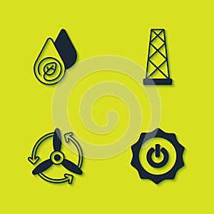 Set Water energy, Power button, Wind turbine and Antenna icon. Vector