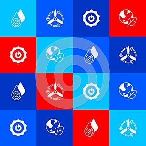 Set Water energy, Wind turbine, Power button and Earth globe and leaf icon. Vector