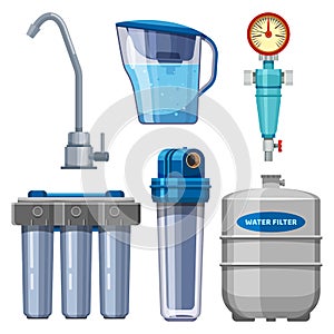 Set of water filter icons, water filtration system