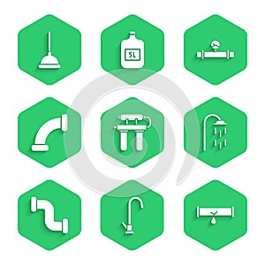 Set Water filter, tap, Broken pipe with leaking water, Shower, Industry metallic, and manometer and Rubber plunger icon