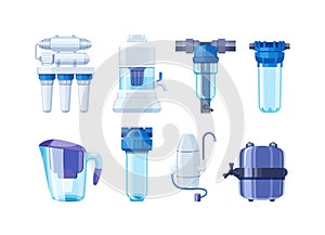 Set water filters for purification. Drinking filtration treatment system pure cleaning dispenser