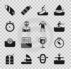 Set Water gymnastics, Compass, skiing man, Surfboard, Wetsuit for scuba diving, Stopwatch, and icon. Vector