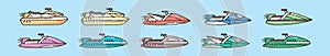 Set of water jet ski cartoon icon design template with various models. vector illustration isolated on blue background