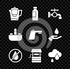 Set Water jug with a filter, Bottle of water, tap, drop forbidden, Well bucket, Cloud rain, Washbasin and icon. Vector