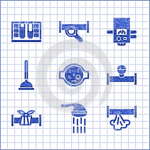 Set Water meter, Shower, Broken pipe, Industry and manometer, metallic, Rubber plunger, Gas boiler and Test tube with