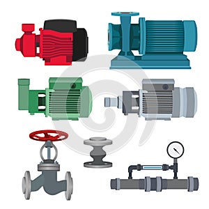 Set-water motor, pump, valves for pipeline. Vector