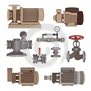 Set-water motor, pump, valves for pipeline. Vector