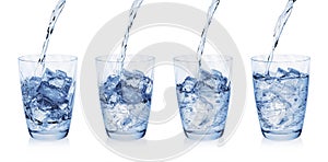 Set of water pouring into glass with ice cubes on white background