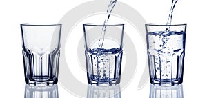 Set of water pouring into glass on white background