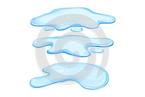 Set Water puddle in cartoon style isolated on white background. Spill, lake or liquid. Design element. Seasonal object.