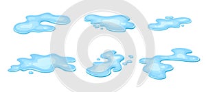 Set of water puddle, liquid cartoon style. Drop isolated on white background. Blue split, splash on floor. Vector