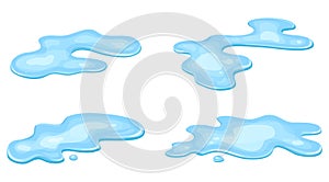 Set of water puddle, liquid cartoon style. Drop isolated on white background. Blue split, splash on floor. Vector