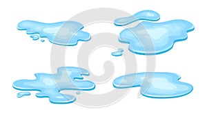 Set of water puddle, liquid cartoon style. Drop isolated on white background. Blue split, splash on floor. Vector