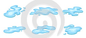 Set of water puddle, liquid cartoon style. Drop isolated on white background. Blue split, splash on floor. Vector