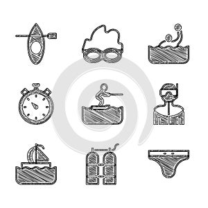 Set Water skiing man, Aqualung, Swimming trunks, Wetsuit for scuba diving, Yacht sailboat, Stopwatch, polo and Kayak and