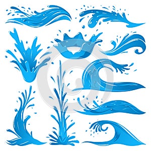 Set of water splashes wave twirl isolated surge blue sparks breaker vector illustration