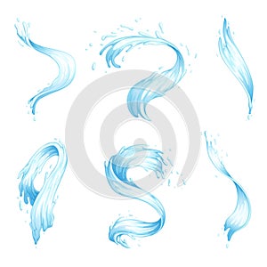 Set of water splashes and waves. Blue streams of water of different shapes