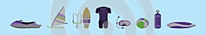 Set of water sports cartoon icon design template with various models. vector illustration isolated on blue background