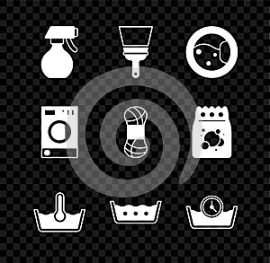 Set Water spray bottle, Rubber cleaner for windows, Washer, Temperature wash, Time, and Yarn icon. Vector