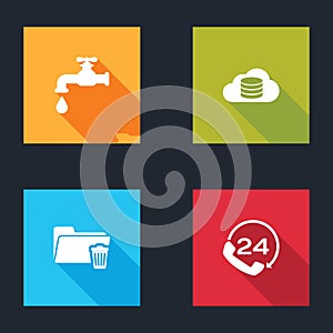 Set Water tap, Cloud database, Delete folder and Telephone 24 hours support icon. Vector