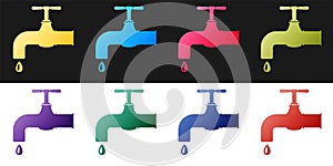 Set Water tap with a falling water drop icon isolated on black and white background. Vector