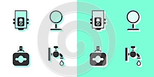 Set Water tap, Gas boiler, Perfume and Round makeup mirror icon. Vector