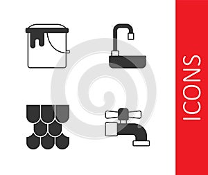 Set Water tap, Paint bucket, Roof tile and Washbasin icon. Vector