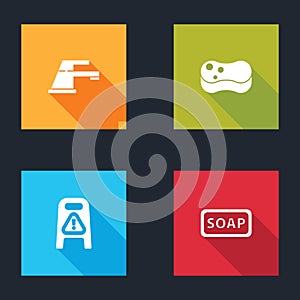 Set Water tap, Sponge, Wet floor and cleaning in progress and Bar of soap icon. Vector