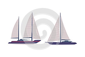 Set of water transport. Side view sailboats cartoon vector illustration