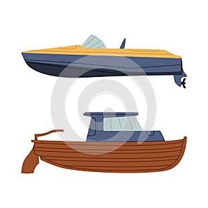 Set of water transport. Side view of schooner and motorboat cartoon vector illustration